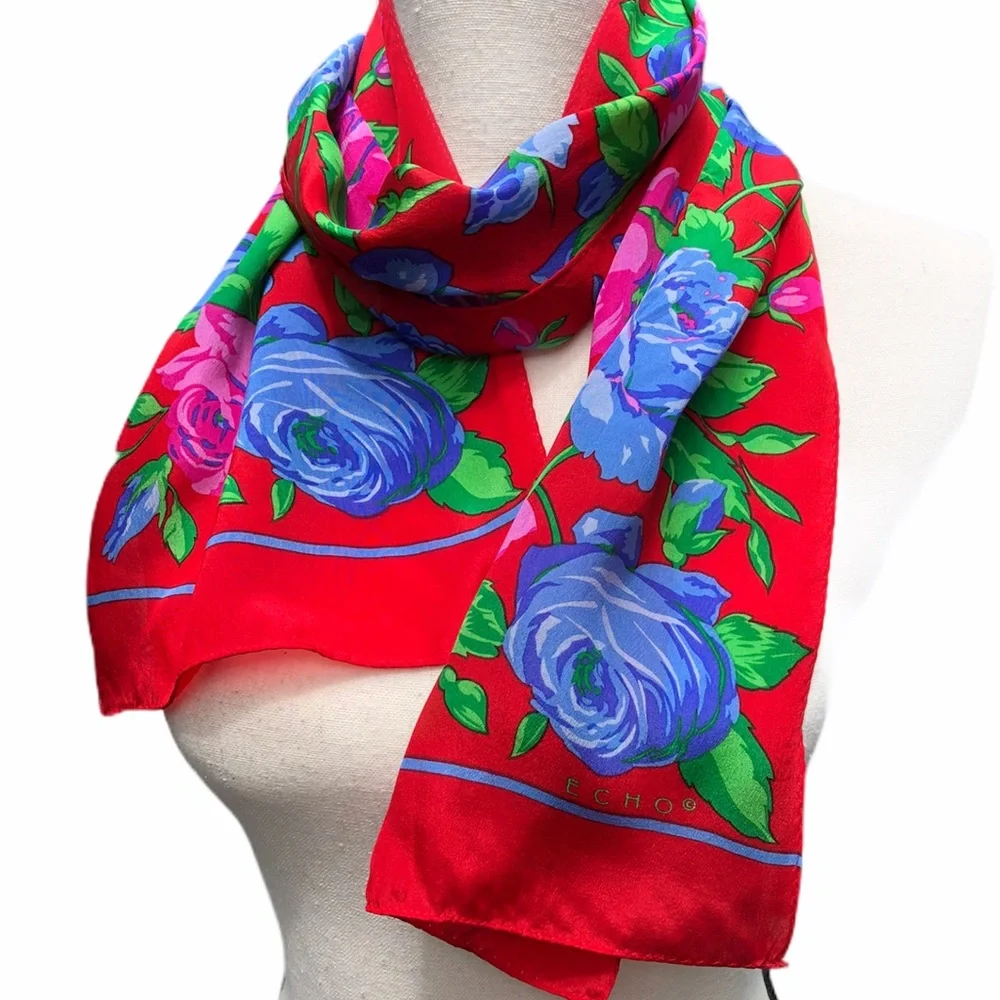 Vintage 100% Silk Red Floral Rose Scarf | ECHO